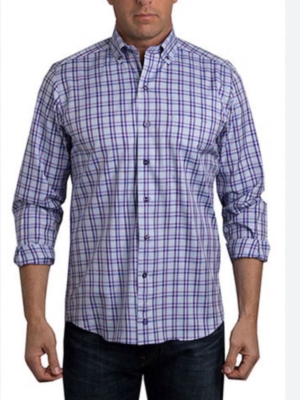 David Donahue Men's Plaid Dress Shirt - Purple & White Size L